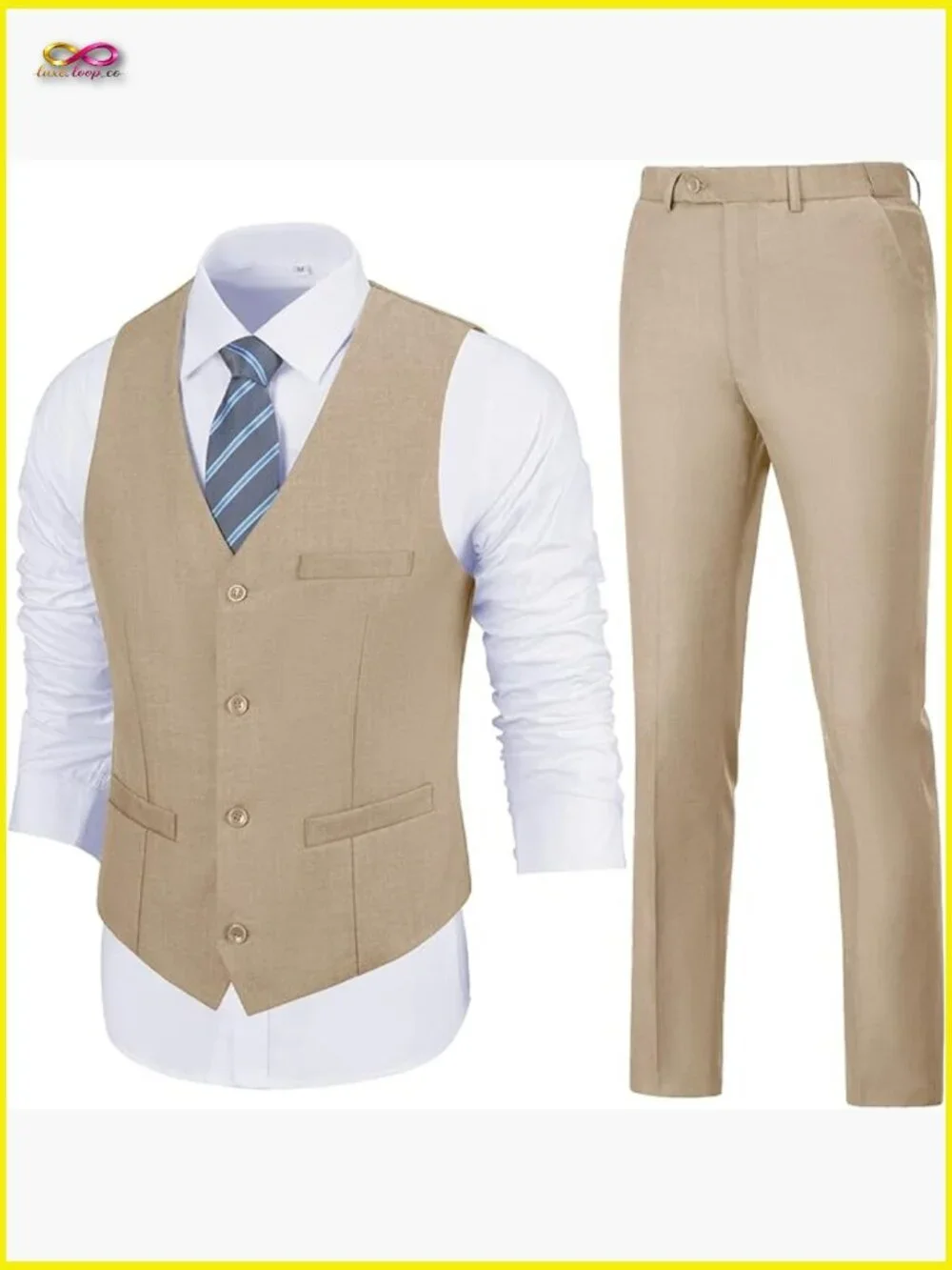 Slim Fit Two Piece Suit Set V-Neck Vest Pants Modern Formal Wedding Tuxedo